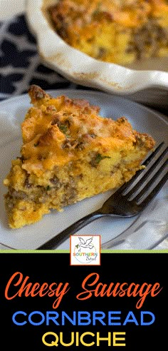 a slice of cheesy sausage cornbread quiche on a plate with a fork