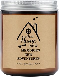 a jar of honey with the words new home in black on it and an image of a