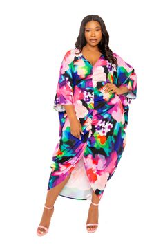 Buxom Couture Curvy Women Plus Size Printed Cinch Waist Kaftan Dress Pink Multi Bold Floral Print, Designer Drapes, Long Shirt Dress, Kaftan Dress, Long Sleeve Shirt Dress, Shop Maxi Dresses, Floral Dress Black, Two Piece Dress, Cinched Waist