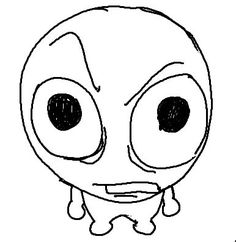 the face of an alien with big eyes and no nose, drawn in black ink