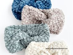 four crocheted headbands on a white background with text that reads, free crochet pattern