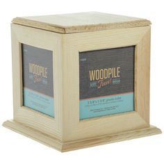 a wooden box with two different labels on the front and sides, one for woodpile