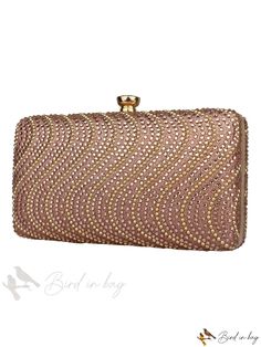 Bird in Bag - Fashionable Rhinestone Decorated Evening Clutch Bag with Metal Accents Elegant Evening Bags With Rhinestone Rivets, Elegant Party Bags With Rhinestone Rivets, Evening Rectangular Bags With Rhinestone Rivets, Rectangular Party Bag With Rhinestone Rivets, Elegant Bedazzled Rectangular Bag, Chain Pattern, Color Champagne, Envelope Bag, Metal Accents