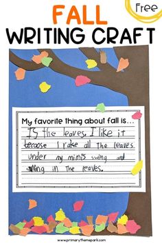 the fall writing craft is made with paper and colored leaves, which are falling from a tree