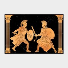 an ancient greek scene with two men in armor and holding shields, facing each other