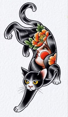 a black and white cat with flowers on its back