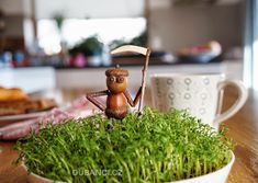 a small figurine sitting on top of some green grass next to a cup