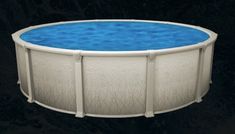 an above ground swimming pool with blue water in it's center and no cover