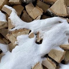 the pile of firewood is covered with snow and has been cut into smaller pieces