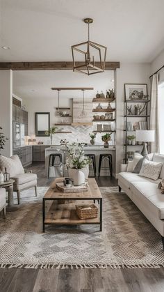 a living room filled with furniture and a coffee table in front of a window on top of a rug