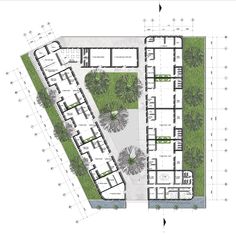 an architectural drawing shows the ground plan for a building with multiple floors and several balconies