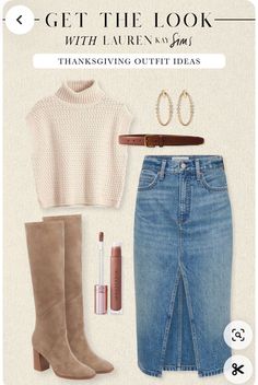 Casual Outfit For Thanksgiving, Outfit Ideas For Holidays, Lunch Fall Outfit, Denim Skirt Outfit Fall 2024, Lauren Kay Sims Outfit, Megan Markle Fashion, Oyster Roast Outfit Fall, Cabi Outfits Ideas Daily Look, Winter Denim Dress Outfit