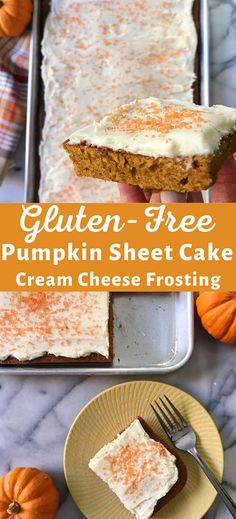 pumpkin sheet cake with cream cheese frosting on a plate next to a fork and two plates