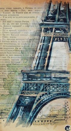 a drawing of the eiffel tower in paris, france on an old book page