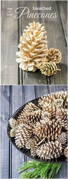 pine cones are sitting in a bowl on a wooden table with the words, bleached pinecones