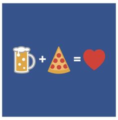 two pizzas and a beer are on the same blue background, one has a heart