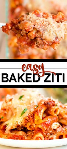 two pictures with the words easy baked ziti on them and an image of pasta