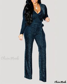 Olivia Mark - Winter Fashionable Metallic Threaded Drawstring Jumpsuit Glamorous Blue Jumpsuits And Rompers For Party, Blue V-neck Bodysuit For Party, Blue Glamorous Fitted Jumpsuits And Rompers, Blue V-neck Jumpsuit For Party, Elegant Blue Party Bodysuit, Blue Long Sleeve Bodysuit For Night Out, Blue Long Sleeve Jumpsuit For Night Out, Blue Long Sleeve Jumpsuits And Rompers For Night Out, Drawstring Jumpsuit