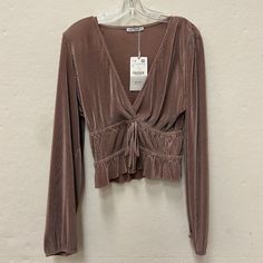 Brand New With Tags Style: Long Sleeve, V-Neck Color: Shimmery Tan / Taupe Size: Large Material: 100% Polyester Fits True To Size Description: The Blouse Features A Plunging V-Neckline, Slightly Puffy Long Sleeves With Elastic Cuffs, And Two Elastic Bands Around The Bodice To Add Shape To The Overall Relaxed Fit And Accentuate The Waistline. Elegant Zara V-neck Crop Top, Elegant V-neck Crop Top By Zara, Zara Feminine V-neck Top, Black Tie Neck Blouse, Gold Sequin Shorts, Puffy Long Sleeves, Black Velvet Blouse, Floral Mesh Top, Zara Knitwear