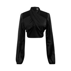 This Gorgeous Satin Blouse Pairs Elegance And Seduction. Featuring A Criss Cross Neck And Long Dramatic Shiny Sheer Sleeves. New Black Features An Elastic Waist Band For Added Comfort Crop Top Features Cut Outs 100% Polyester Imported Designed In New York Chic Black Crop Top With Sheer Sleeves, Black V-neck Blouse With Sheer Sleeves, Black Crop Top With Sheer Sleeves For Fall, Elegant Stretch Crop Top Blouse, Black V-neck Tops With Sheer Sleeves, Chic Evening Crop Top With Sheer Sleeves, Elegant Crop Top With Sheer Sleeves For Night Out, Black Stretch Crop Top Blouse, Black Crop Top With Sheer Sleeves For Party