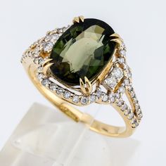 14K Yellow Gold-Green Tourmaline 4.60 Ct Ring - Diamond (64 Pcs) (0.43 Ct) Ring Diamond, Green Tourmaline, Stone Rings, Diamond Rings, Diamond Jewelry, Tourmaline, Semi Precious, Natural Gemstones, Gold Jewelry