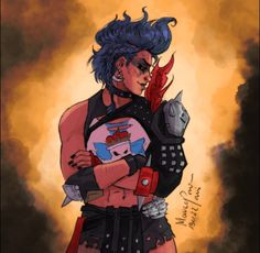 a drawing of a woman with blue hair holding a red object in her hands and wearing armor