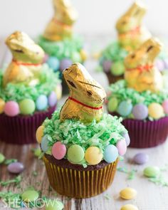 cupcakes decorated with chocolate and candy eggs in the shape of easter bunnies