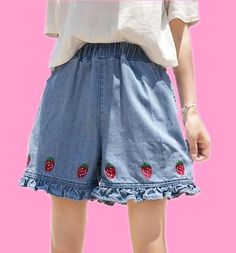 Strawberry Emboridered Ruffle Denim Shorts, Free Shipping~ Shorts Female, Elastic Waist Jeans, Cute Strawberry, Dream Style, Chic Outfit, Denim Details, Waist Jeans, Denim Shorts Women, Kawaii Clothes