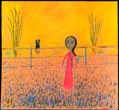 a painting of a woman standing in a field with a black cat on her shoulder