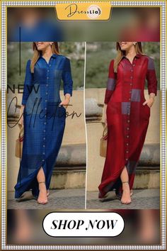 Casual Women Spring Fall Long Shirt Dress Lapel Collar Button Down Baggy Maxi Dress Plus Size Holiday Long Dresses Kleid Red Long Sleeve Shirt Dress With Buttons, Long Shirt Dress With Buttons For Work, Long Shirt Dress With Button Closure, Patchwork Dresses, Long Shirt Dress, Patchwork Dress, Plus Size Maxi Dresses, Vintage Casual, Women Vintage