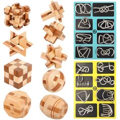 several wooden puzzles with different shapes and sizes, including one being made from wood blocks