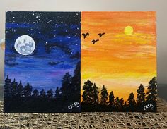 two paintings of trees with the moon in the background