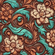 an intricately designed background with flowers and leaves in brown, blue, and green colors