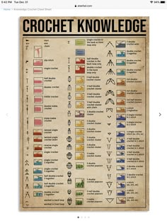 the crochet knowledge poster is displayed on an old paper with many different symbols