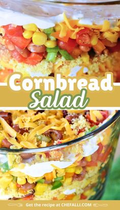 cornbread salad in a glass bowl with the words cornbread salad on top and bottom