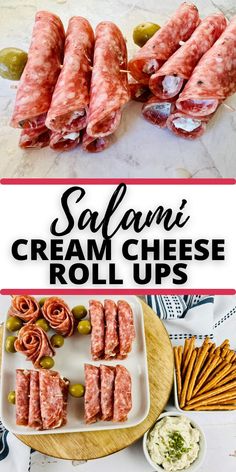 salami cream cheese roll ups on a platter with olives