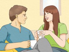 a man sitting next to a woman on a couch holding a cup and looking at her