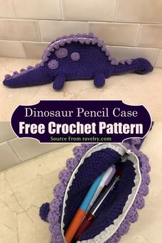 a crocheted toothbrush holder with two pens in it and the title dinosaur pencil case free crochet pattern