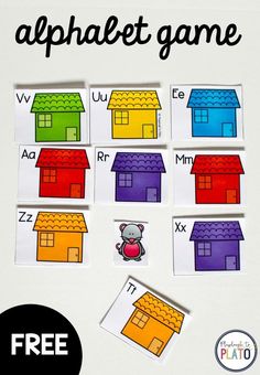 an alphabet game with houses and bears on it