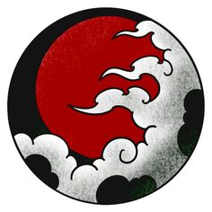 a red and white circle with clouds in the middle, on top of it is an image of a dragon