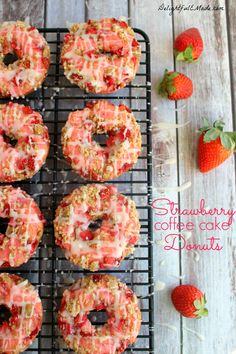 strawberry coffee cake donuts on a cooling rack