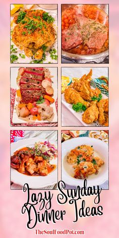 the cover of easy sunday dinner ideas, with pictures of different foods and dishes on it