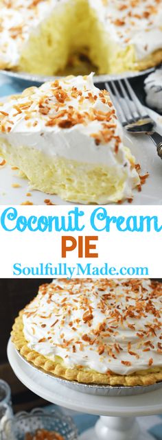 coconut cream pie on a white plate with the rest of the pie in the background