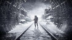 a man standing in the middle of a train track surrounded by snow covered buildings and debris