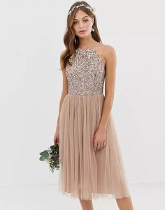 Maya Bridesmaid halter neck midi tulle dress with tonal delicate sequins in taupe blush | ASOS Embellished Bridesmaid Dress, Midi Tulle Dress, Sequin Embellished Top, Wedding Renewal, Midi Bridesmaid Dress, Chic Vintage Brides, Bridesmaid Dresses Boho, Sequin Bridesmaid, Sequin Bridesmaid Dresses