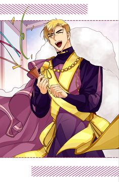 an anime character with blonde hair wearing a purple and yellow outfit, holding a pipe