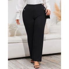 Elevate your office wardrobe with the KOJOOIN Plus Size Dress Pants, designed specifically for women who value both comfort and style. These pants are a perfect blend of functionality and elegance, ideal for business casual or dressy occasions.

- Product Type: Dress Pants
- Size: 5XL
- Color: Black
- Material: Stretch fabric for flexibility and comfort
- Features: Pull-on style, flare design, equipped with pockets
- Gender: Female
- Age Group: Adult

These versatile pants offer a flattering fla Elegant Workwear Pants With Button Closure, Elegant Wide-leg Work Pants, Office Dress Pants With Pockets, Solid Color Straight Dress Pants For Business Casual, Fitted Solid Color Dress Pants For Workwear, Elegant Office Pants With Button Closure, Elegant Straight Work Pants For Office, Office Lady Dress Pants, Elegant High-waisted Career Pants