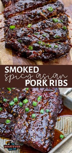 smoked pork ribs on a cutting board with green onions and seasoning in the background