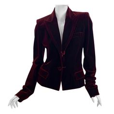 Tom Ford for Yves Saint Laurent Burgundy Velvet Blazer Jacket F/W 2002 Runway Look #7 French size 40 - US 8 73% Acetate, 19% Cotton, 8% Silk. Lining 100% Silk Measurements: Bust 37 inches, Waist 30", Shoulders 16", Sleeves 28.5", Total Length 24". Made in France Excellent condition. Burgundy Velvet Blazer, Tulle Jacket, Evening Suit, Black Velvet Jacket, Burgundy Velvet, Black Tulle, Velvet Blazer, Silk Jacket, Velvet Jacket