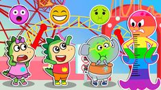 cartoon characters standing in front of an amusement park with ferris wheel and roller coasters